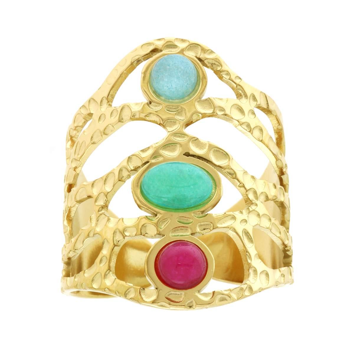 Ring mit chunky, verzweigtem und gehämmertem Band, mit multicolor Steinen, aus goldfarbigem Edelstahl - MeinSchmuckShop