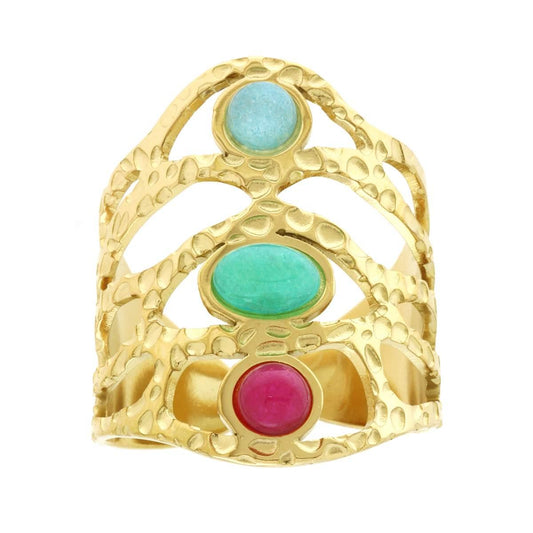 Ring mit chunky, verzweigtem und gehämmertem Band, mit multicolor Steinen, aus goldfarbigem Edelstahl - MeinSchmuckShop