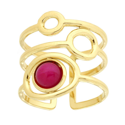 Ring mit breitem Multifaden, mit Kreisen und Stein, rubinrot, aus Edelstahl goldfarben - MeinSchmuckShop