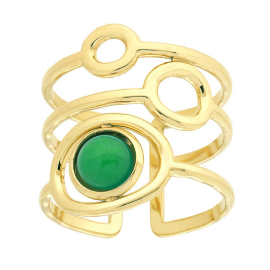 Mehrsträngiger Bandring mit Kreisen und Stein in Smaragdgrün, aus Edelstahl in Goldfarbe. - MeinSchmuckShop