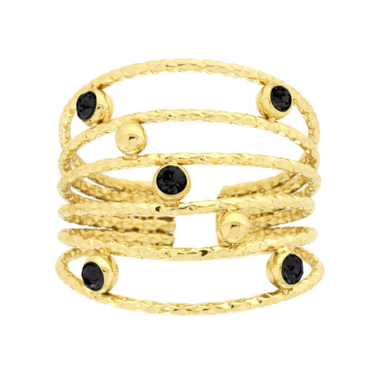 Ring mit breitem, mehrsträngig diamantiertem Band, mit schwarzem Kristall und Kugeln aus Edelstahl in Goldfarbe. - MeinSchmuckShop