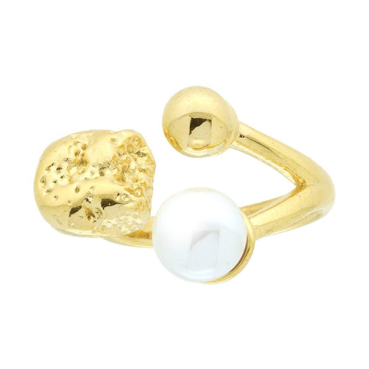 Chunky-Ring Contrarie mit Perle, Pallina und Pepita aus Edelstahl in Goldfarbe. - MeinSchmuckShop