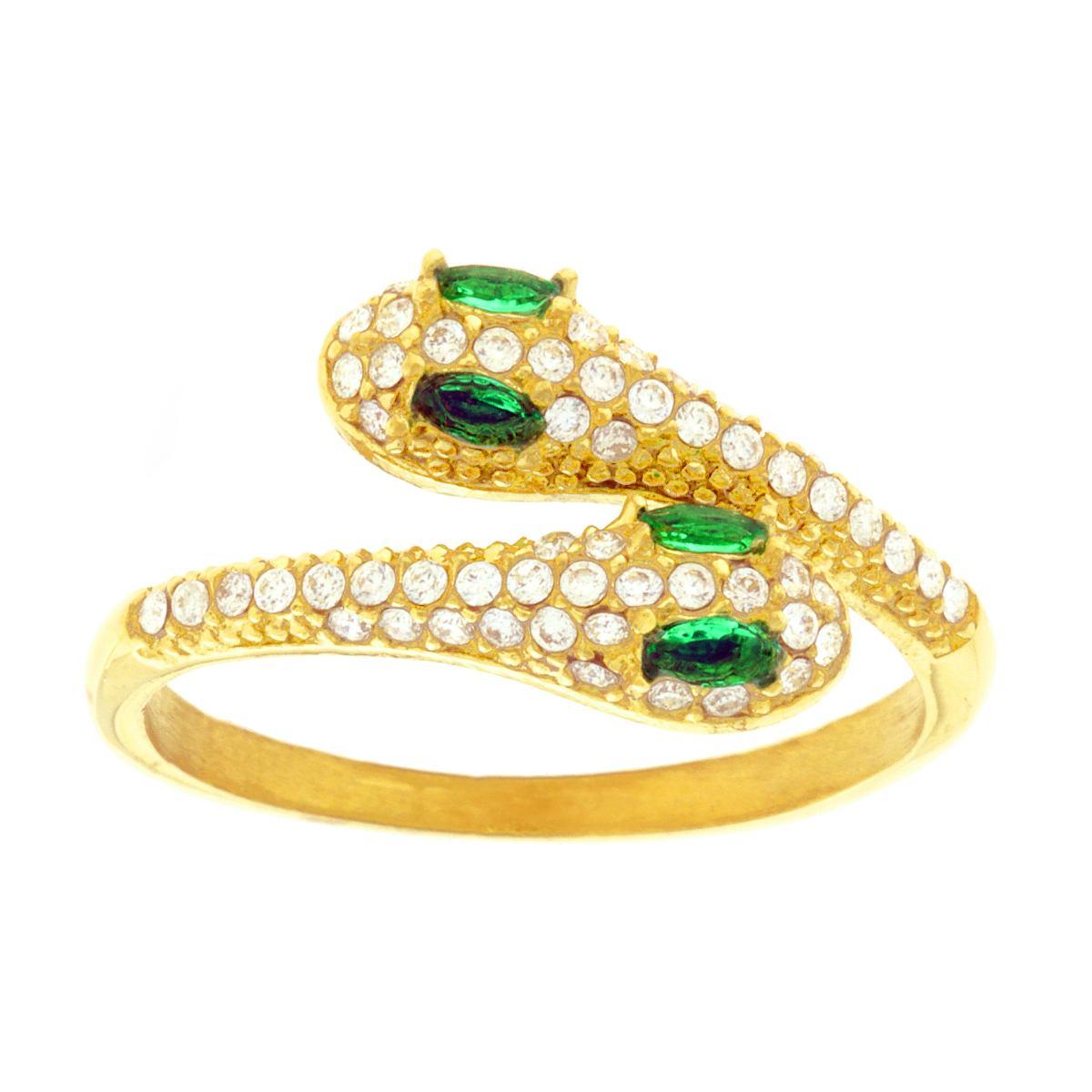 Ring mit gegensüchtigen Schlangen, mit weißen Kristallen und Smaragdgrünem, aus Edelstahl in Goldfarbe - MeinSchmuckShop