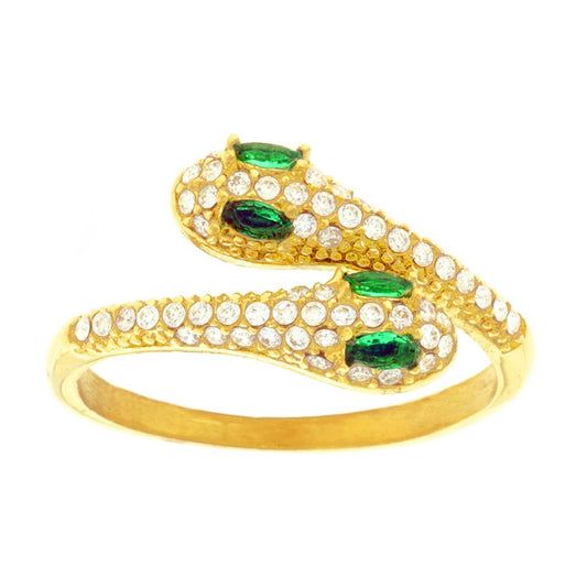 Ring mit gegensüchtigen Schlangen, mit weißen Kristallen und Smaragdgrünem, aus Edelstahl in Goldfarbe - MeinSchmuckShop