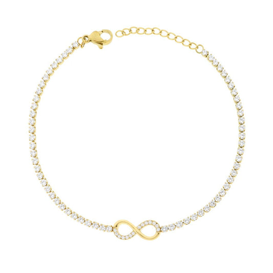 Tennisarmband mit Unendlichkeitssymbol und weißen Kristallen aus Edelstahl in Goldfarbe - MeinSchmuckShop
