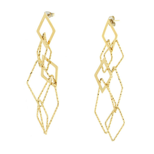Lange Ohrringe mit rhombusförmigen Anhängern, diamantiert und glatt, aus Edelstahl in Goldfarbe. - MeinSchmuckShop