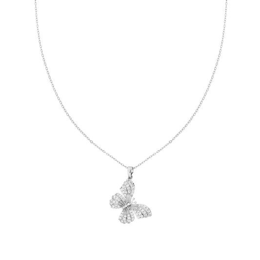Halskette mit Forzatina-Diamantierung, mit Schmetterling und weißen Kristallen aus Edelstahl - MeinSchmuckShop