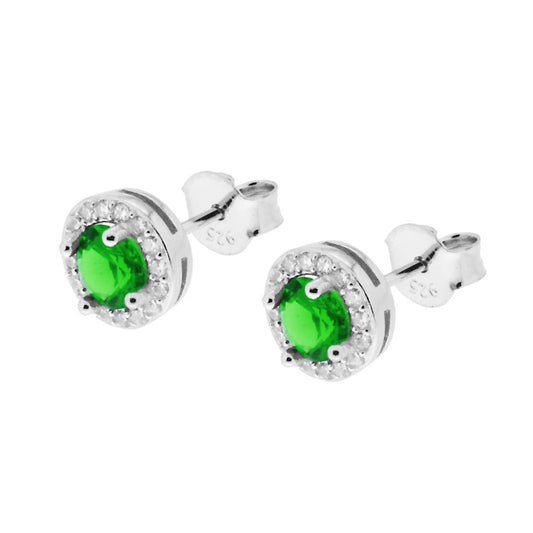 Ohrringe in runder Form mit emeraldgrünem Zirkon, von weißen Zirkonen umrandet, aus 925er Silber, rhodiniert. - MeinSchmuckShop