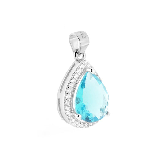 Tropfenanhänger mit aquamarinfarbigen Zirkonen, umrandet von weißen Zirkonen, aus 925er Silber, rhodiniert - MeinSchmuckShop