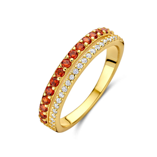 Damenring mit 41 Zirkonia rot/weiß Silber 925/000 vergoldet - MeinSchmuckShop