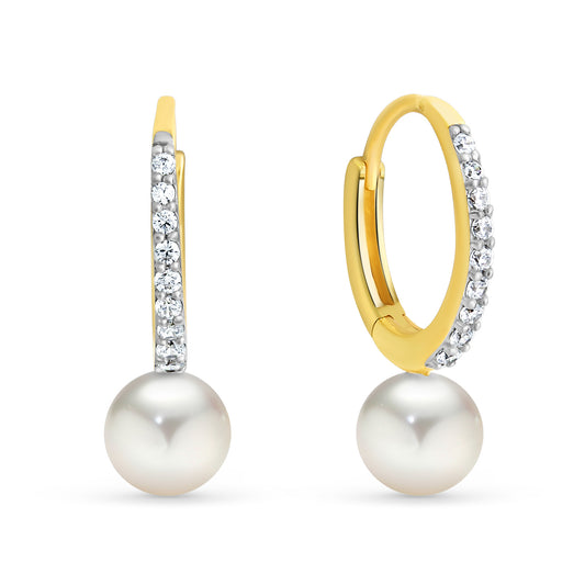 Klappcreolen mit Süßwasser-Zuchtperle 6-6,5mm und 18 Zirkonia Gold 333/000