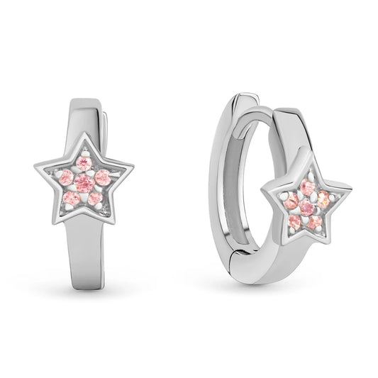 Klappcreolen Stern mit 12 Zirkonia pink Silber 925/000 rhodiniert - MeinSchmuckShop
