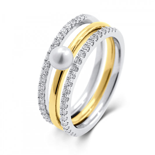 3er-Damenring mit Süßwasser ZP & 46 Zirkonia Silber 925/000 Bicolor