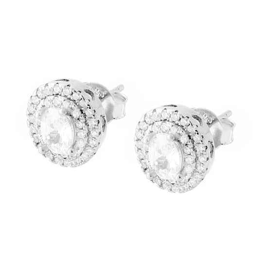 Ohrstecker mit ovalem weißen Zirkon und seitlichen Herzen, umrundet von weißen Zirkonen in 925er Silber rhodiniert galvanisch - MeinSchmuckShop