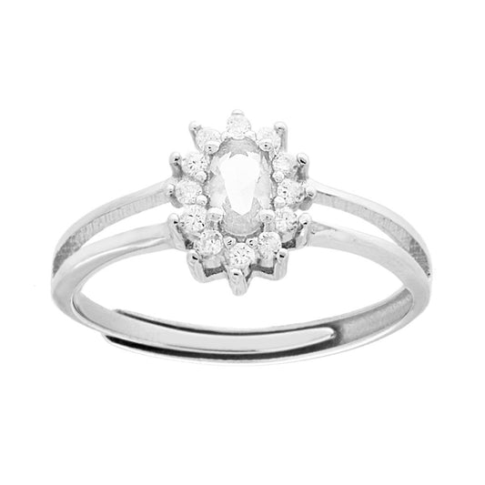 Solitärring mit ovalem weißen Zirkon, umgeben von weißen Zirkonen, aus 925er Silber rhodiniert - MeinSchmuckShop