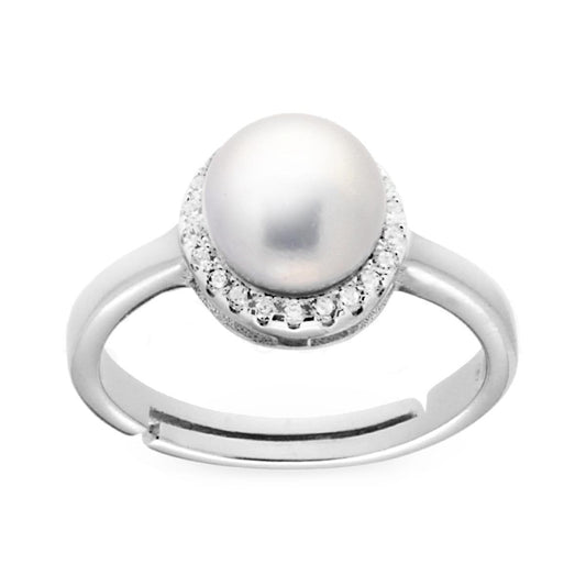 Ring mit Perle und weißen Zirkonen, rund aus 925er Silber, rhodiniert. - MeinSchmuckShop