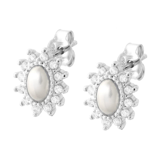 Ovale Ohrringe mit Perle und weißem Cubic Zirconia aus 925er Silber, rhodiniert - MeinSchmuckShop