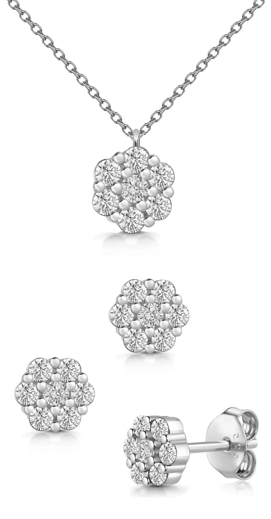 Set Collier & Ohrstecker Blume mit 21 Zirkonia Silber 925/000 rhodiniert - MeinSchmuckShop