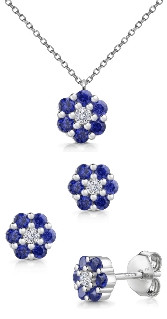 Set Collier & Ohrstecker Blume mit 21 Zirkonia blau/weiß Silber 925/000 rhodiniert - MeinSchmuckShop