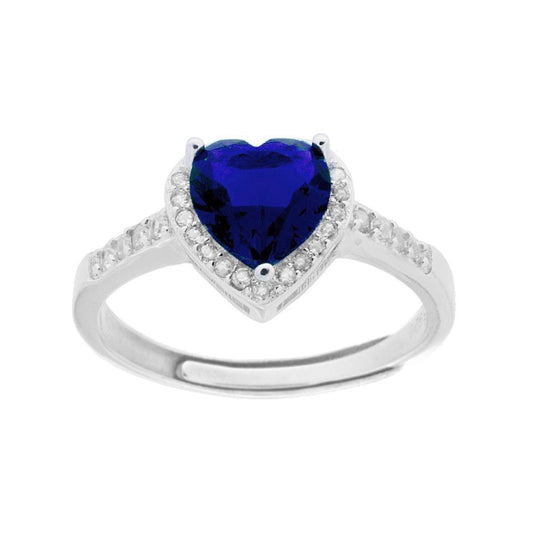 Solitärring mit Halo, blaues Saphirherz, umgeben von weißen Zirkonien, in 925er Silber rhodiniert - MeinSchmuckShop