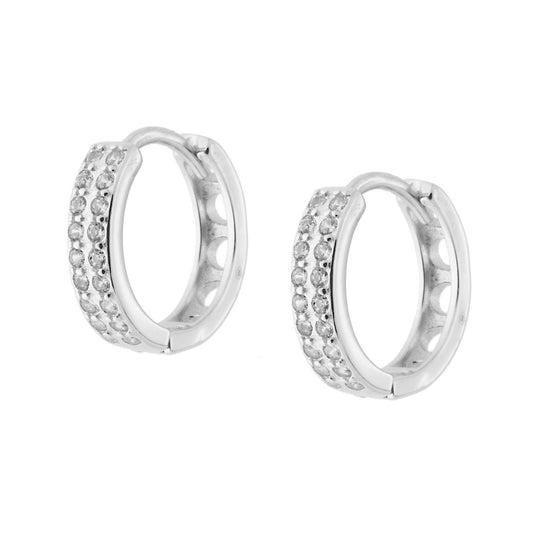 Ohrringe, Creolen Ø14 mm, mit doppelter Reihe weißer Zirkonien, aus Silber 925, rhodiniert. - MeinSchmuckShop