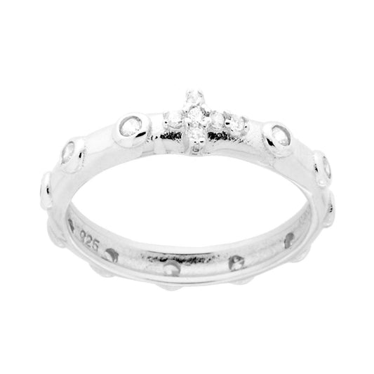 Rosenkranzring mit weißen Zirkonen-Kügelchen und zentralem Kreuz mit weißen Zirkonen, aus Silber 925 rhodiniert. - MeinSchmuckShop