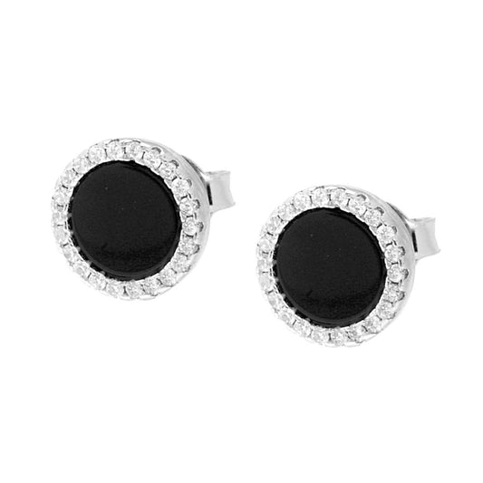 Ohrstecker, runde schwarze Onyx, 10 mm, umrandet mit weißen Zirkonen, Silber 925, galvanisch rhodiniert - MeinSchmuckShop