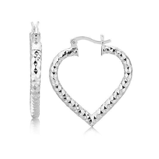 Sterling Silver Rhodium Plated Heart Style Hoop Diamond Cut Earrings(3x22mm) - MeinSchmuckShop