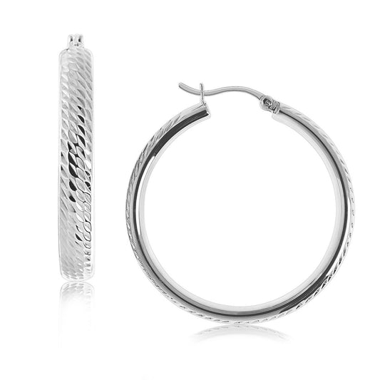 Sterling Silver Rhodium Plated Hoop Marquise Motif Diamond Cut Earrings(3x30mm) - MeinSchmuckShop