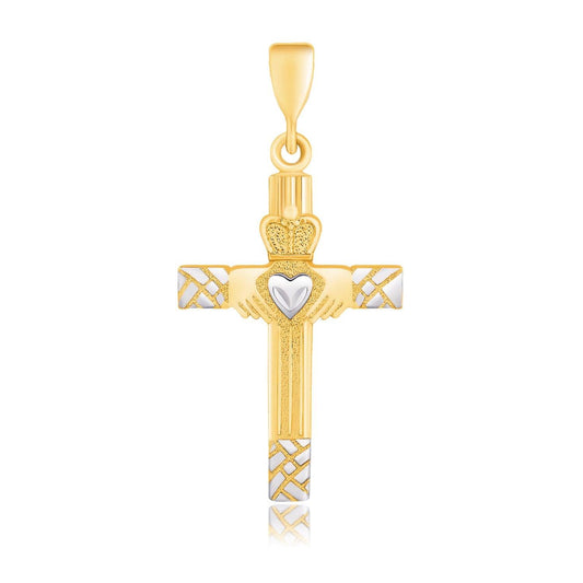 14k Two-Tone Gold Cross Pendant with a Claddagh Motif - MeinSchmuckShop
