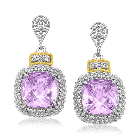 18k Yellow Gold & Sterling Silver Cushion Amethyst & Diamond Earrings (.05cttw) - MeinSchmuckShop