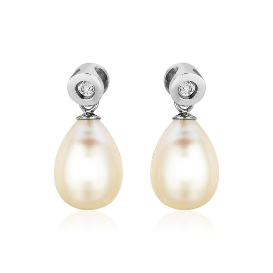Sterling Silver Earrings with Pear Shaped Freshwater Pearls and Cubic Zirconias - MeinSchmuckShop