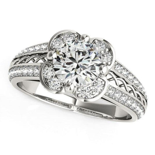 Round Diamond Floral Motif Engagement Ring in 14k White Gold (1 3/8 cttw) - MeinSchmuckShop