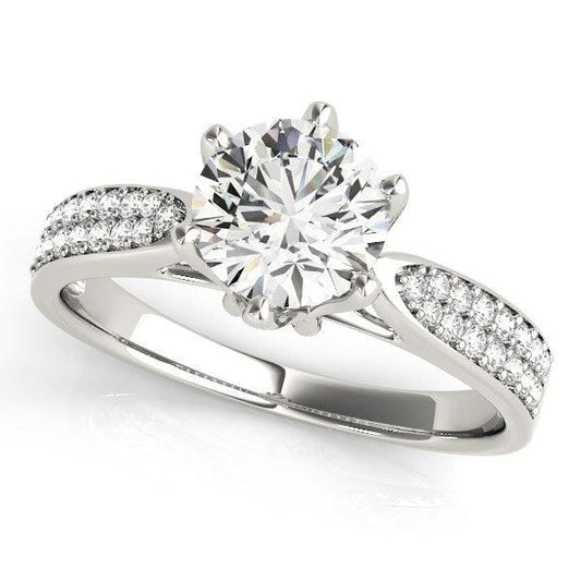Six Prong 14k White Gold Diamond Engagement Ring with Pave Band (1 5/8 cttw) - MeinSchmuckShop