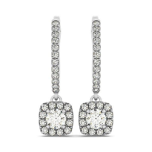 Cushion Shape Halo Style Diamond Drop Earrings in 14k White Gold (1/2 cttw) - MeinSchmuckShop