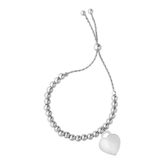 Adjustable Shiny Bead Bracelet with Heart Charm in Sterling Silver (1.30 mm) - MeinSchmuckShop