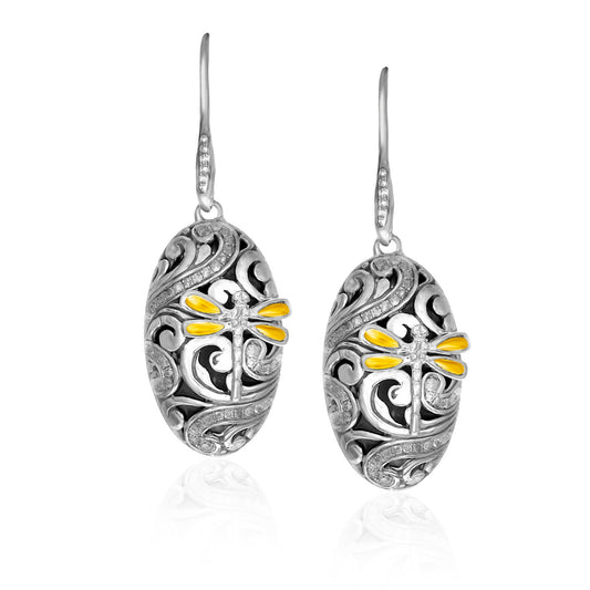 18k Yellow Gold & Sterling Silver Diamond and Dragonfly Oval Earrings - MeinSchmuckShop