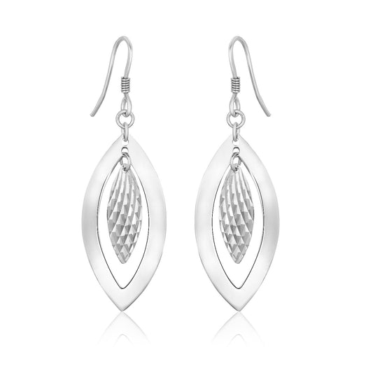 Sterling Silver Dangling Earrings with Dual Open and Textured Marquis Shapes - MeinSchmuckShop