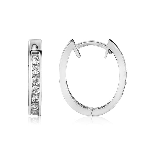 Sterling Silver Oval Hoop Earrings with Cubic Zirconias(3x15mm) - MeinSchmuckShop