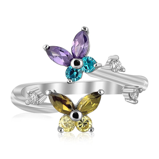 Sterling Silver Rhodium Plated Floral Toe Ring with Multi-Tone Cubic Zirconia - MeinSchmuckShop