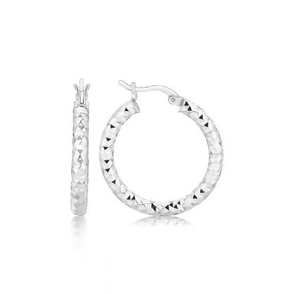 Sterling Silver Faceted Style Hoop Earrings with Rhodium Finishing(3x20mm) - MeinSchmuckShop