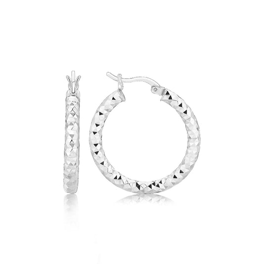Sterling Silver Faceted Style Hoop Earrings with Rhodium Finishing(3x20mm) - MeinSchmuckShop