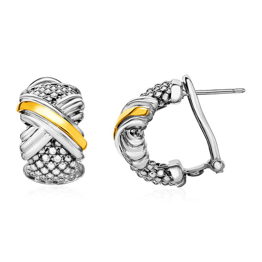 Popcorn Texture Earrings with X Motif in Sterling Silver and 18k Yellow Gold - MeinSchmuckShop