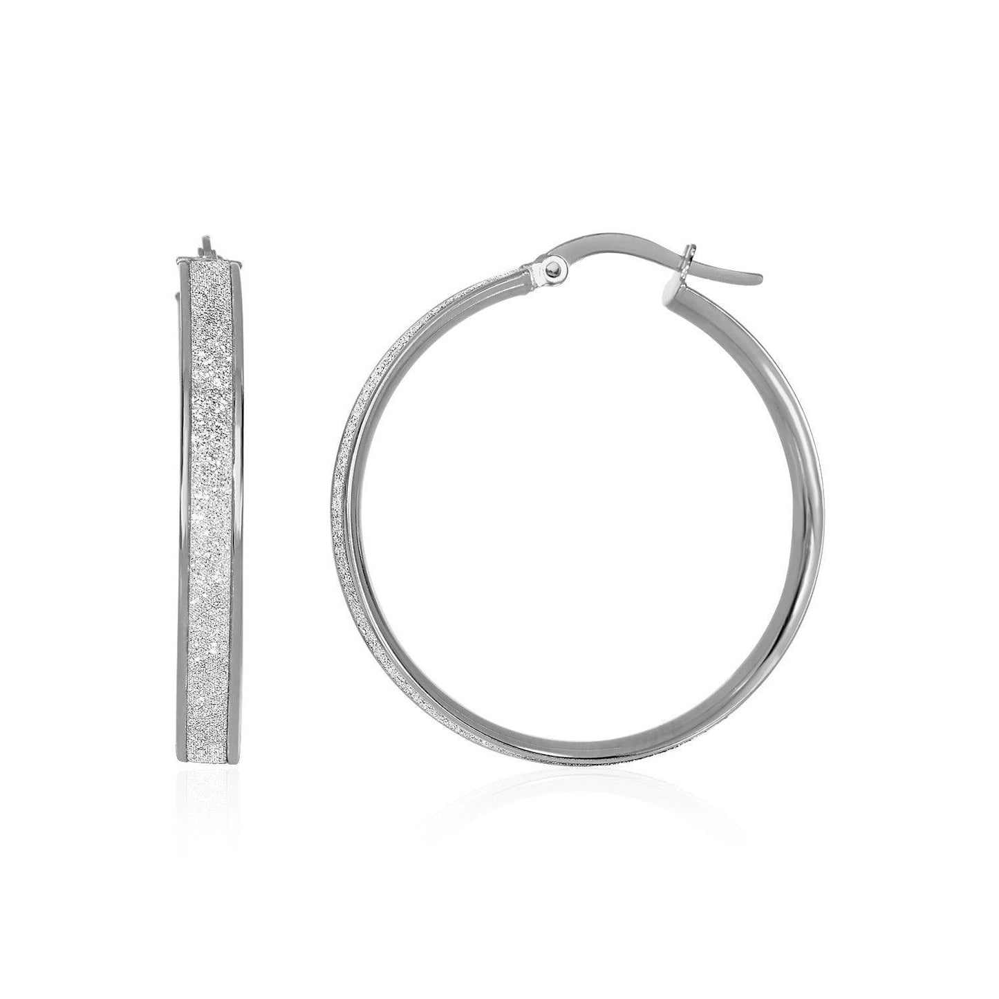 14k White Tone Gold Hoop Style Earrings with Center Glitter Look Design(4x30mm) - MeinSchmuckShop