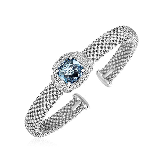 Popcorn Texture Cuff Bangle with Blue Topaz and Diamonds in Sterling Silver - MeinSchmuckShop