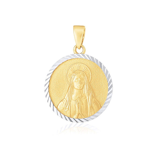 14k Two Tone Gold Round Textured Religious Medal Pendant - MeinSchmuckShop
