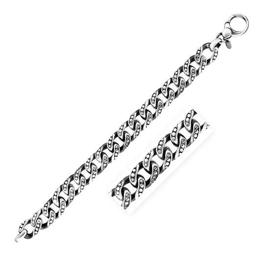 Sterling Silver Gunmetal Finish Cuban Link Bracelet with Dots (13.50 mm) - MeinSchmuckShop