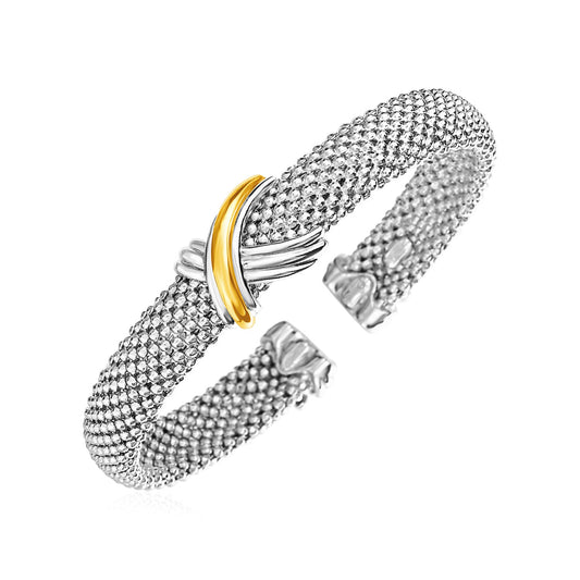 Popcorn Texture Cuff Bangle in Sterling Silver and 18k Yellow Gold (10.00 mm) - MeinSchmuckShop