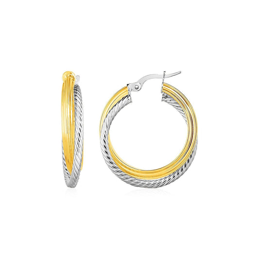 Two Part Textured and Shiny Hoop Earrings in 14k Yellow and White Gold(4x20mm) - MeinSchmuckShop