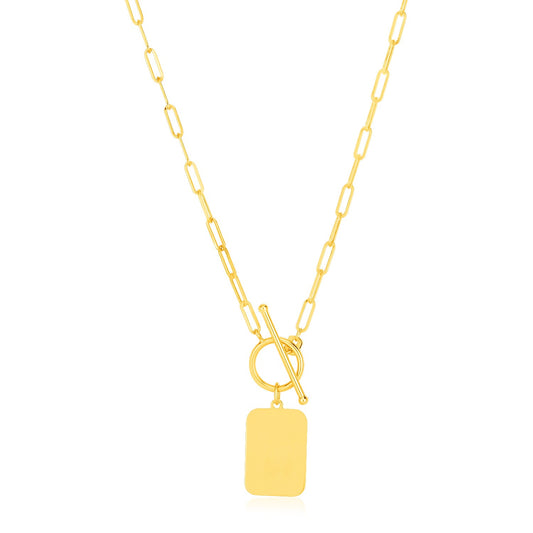 14k Yellow Gold Paperclip Chain Necklace with Rounded Rectangle Pendant - MeinSchmuckShop